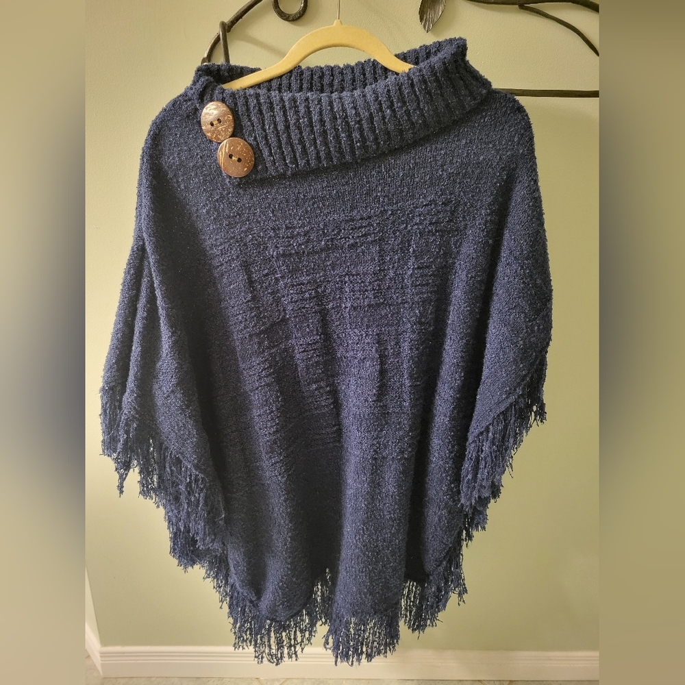 Navy blue textured knit turtleneck poncho, O/S